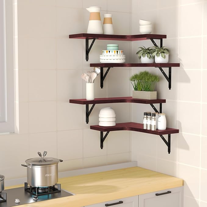ROMGUAR CRAFT Corner Floating Shelves Wall Mounted Set of 4, Rustic Wood Storage Display Shelves for Home Decor, Bathroom, Kitchen, Bedroom, Living Room, Office (Red)