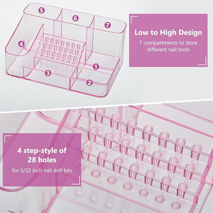 CGBE Nail Drill Holder, 28 Holes Transparent Acrylic Drill Bit Holder for Nails, Professional Nail Tool Organizer and Nail Desk Organizer -Pink (Not Including Nail Drill Machine & Bit)