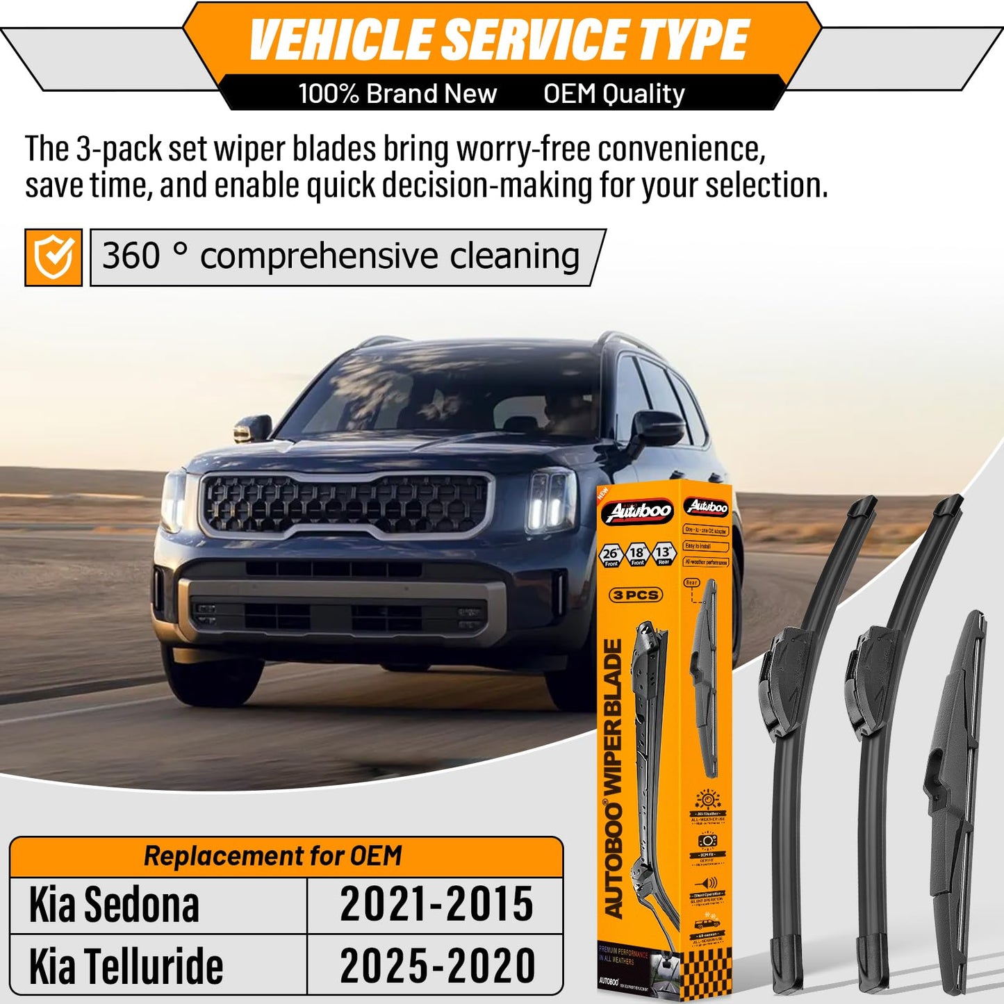 AUTOBOO 3-Pack Windshield Wiper Blades for Kia Telluride 2020-2025 Kia Sedona 2015-2021, Original Equipment Replacement 26"+18" Front and 13" Rear, All-Weather Performance, Easy One-Click Install