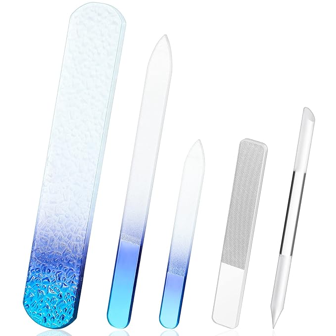 5 Pcs Glass Nail File Set Callus Remover Foot Rasp Manicure Tool Include 2 Crystal Glass Nail and 1 Foot File 1 Cuticle Pusher One Nano Shiner Buffer Polisher for Beauty