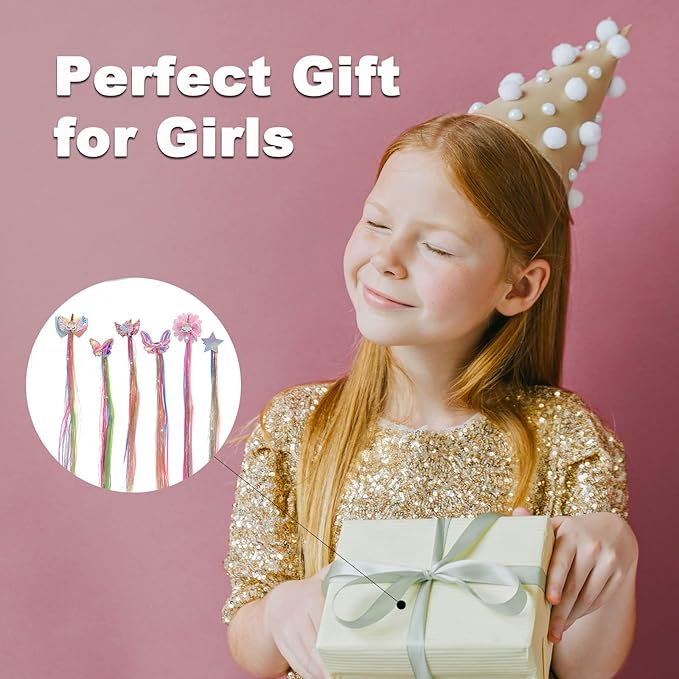 Little World 6 Pcs Rainbow Hair Extensions, Unicorn Hair Clips for Girls' Ponytails - Colored Accessories