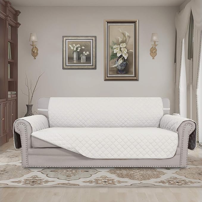Easy-Going 4 Seater Sofa Slipcover Reversible Sofa Cover Water Resistant Couch Cover with Foam Sticks Elastic Straps Furniture Protector for Pets Children Dog Cat (XX-Large, Ivory/Ivory)