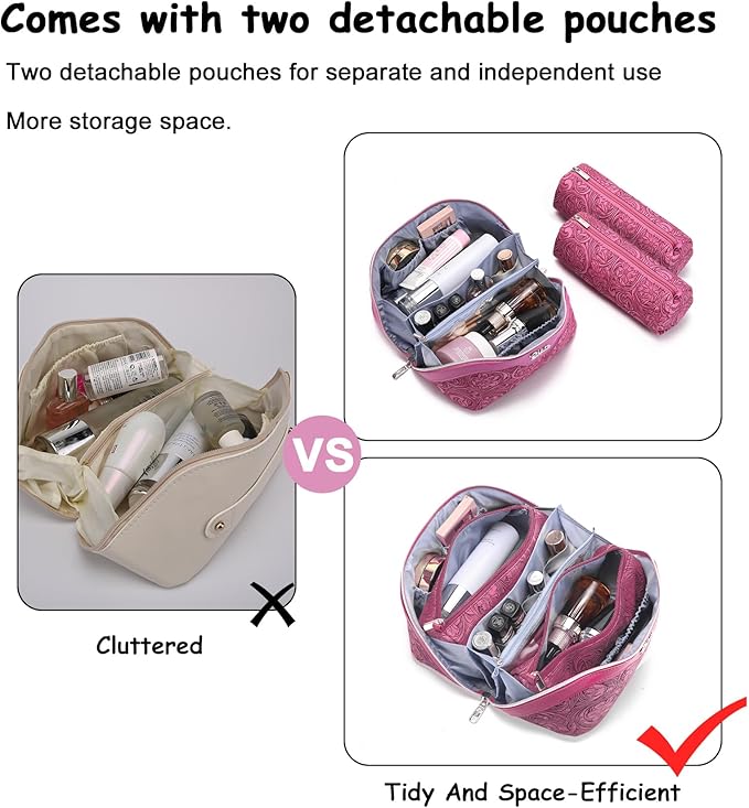 BOYATU Travel Makeup Bags Cosmetic Organizer Bag: 3 Pcs Set Large Capacity Floral Make up Bag with Compartments - Waterproof Leather Toiletry Bags with Handle for Women (20-Red)