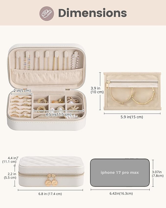 Lolalet Travel Jewelry Case for Women Girls, Travel Jewelry Organizer with Clear Storage Bag Small Portable Jewelry Box for Necklace Bracelet Earring Ring Birthday Bridesmaid Gifts -Medium/Beige