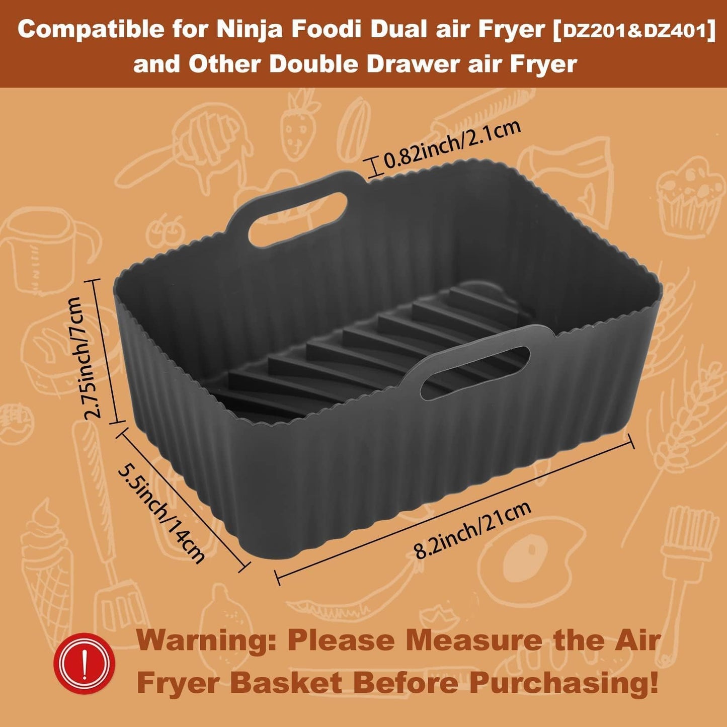2Pcs Silicone Air Fryer Liners for Ninja Foodi Dual DZ201, Non-Stick Air Fryer Basket Accessories, Reusable Liners Fits 8 QT