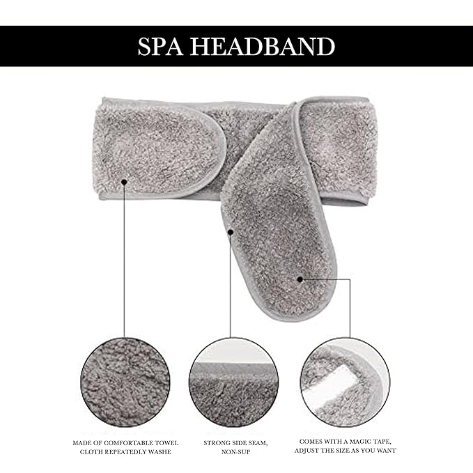 Simnice Spa Facial Headband for Washing Face,Adjustable Facial Headbands Esthetician, Terry Cloth Headband Stretch Towel with Magic Tape,Grey