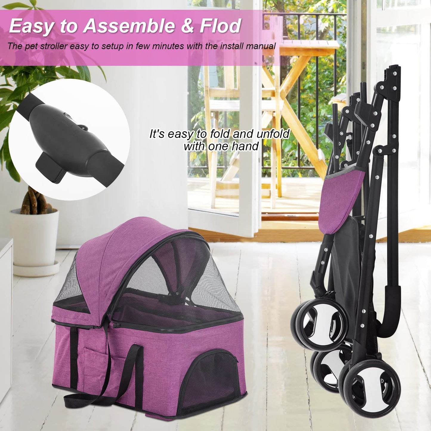 BestPet 3-Wheels Premium 3-in-1 Multifunction Pet Stroller for Medium Small Dogs & Cats - Detachable Carrier, Lightweight Folding Travel Stroller, Purple
