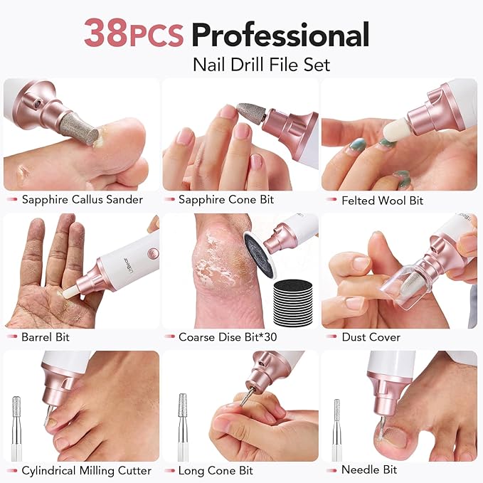 Litbear Electric Nail Drill File Set, 15 Speed Professional Thick Toenail Grinder, Cordless Pedicure Manicure Tool Callus Remover for Women Men Senior Hand Feet Care, Home Salon Use (White)
