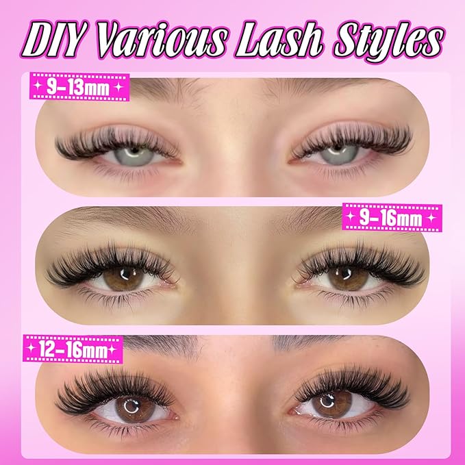 Yawamica DIY Lash Extension Kit 320pcs Individual Lashes Cluster, 9-16mm Mix 30D 40D Eyelash Clusters Wispy Lash Clusters Kit with Bond and Seal and Remover and Lash Applicator for Beginners
