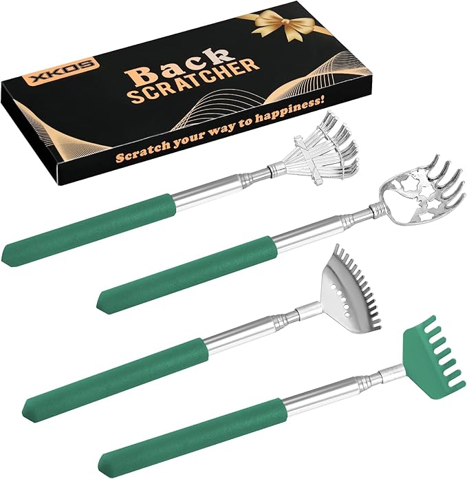 XKOS 4 Pack Different Back Scratcher Portable Telescoping with Rubber Handles, Extendable Metal Back Massager Tool with Beautiful Box, Stocking Stuffers for Men Women Adults (Green)