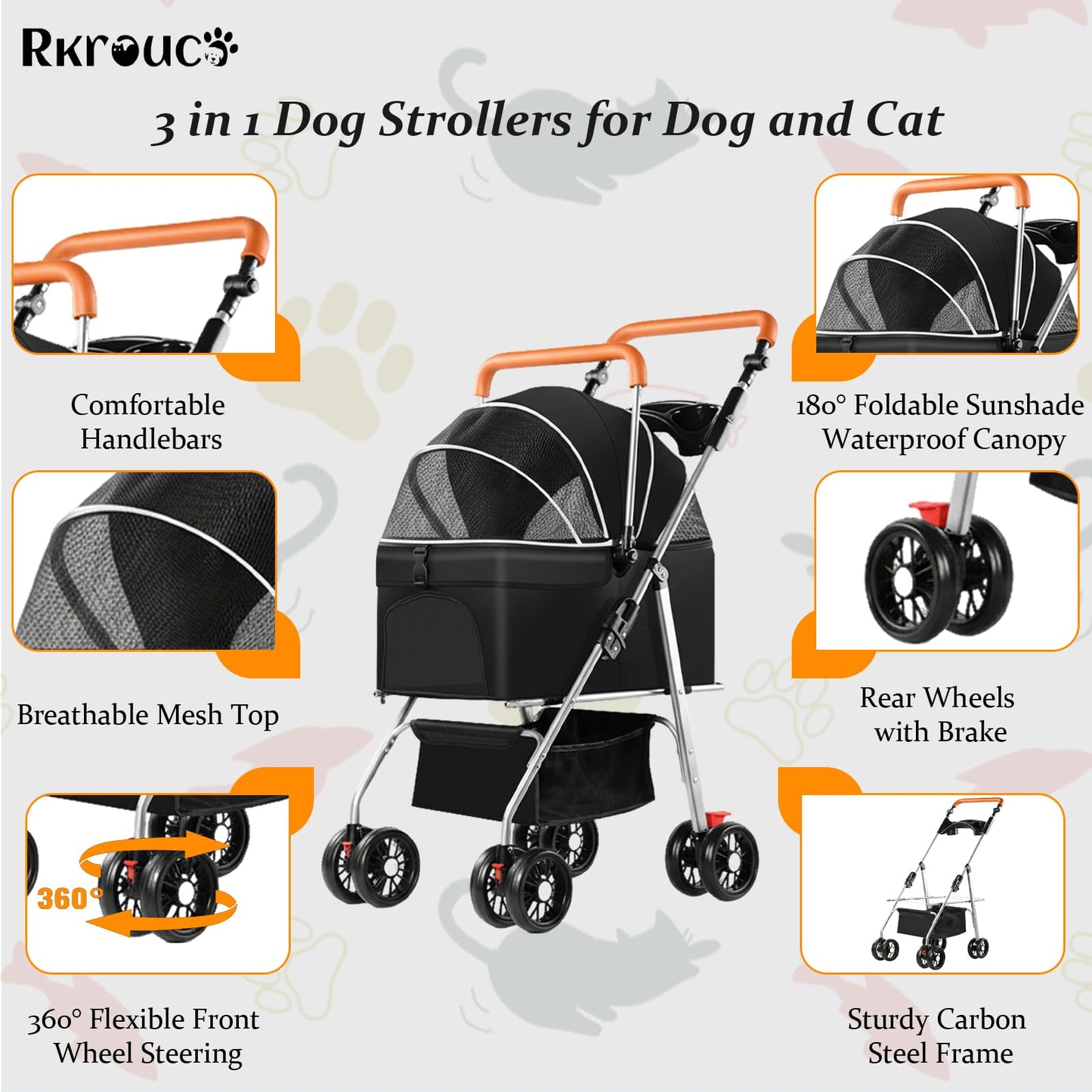 3 in 1 Dog Strollers 4 Wheels Folding Pet Stroller with Detachable Carrier Multifunction Portable Dogs Travel Carriers for Medium Small Puppy Kittens(Deep Black)