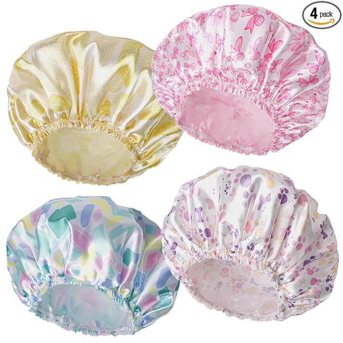 Shower Caps for Women, 4 PCS Elastic and Reusable Bath Caps, Double Layers Shower Cap Reusable Waterproof, Bathing Shower Caps, Environmental Bath Hair Protection Cap - Bow
