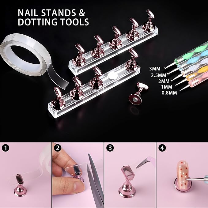 Teenitor 4 Boxes Nail Charms and Gems Set, Nail Rhinestones Nail Kit with Nail Art Brushes Nail Stand, Nail Gems Nail Design Tools with 15pcs Nail Stickers, Gold Nail Pearls for Women Nail Decorations