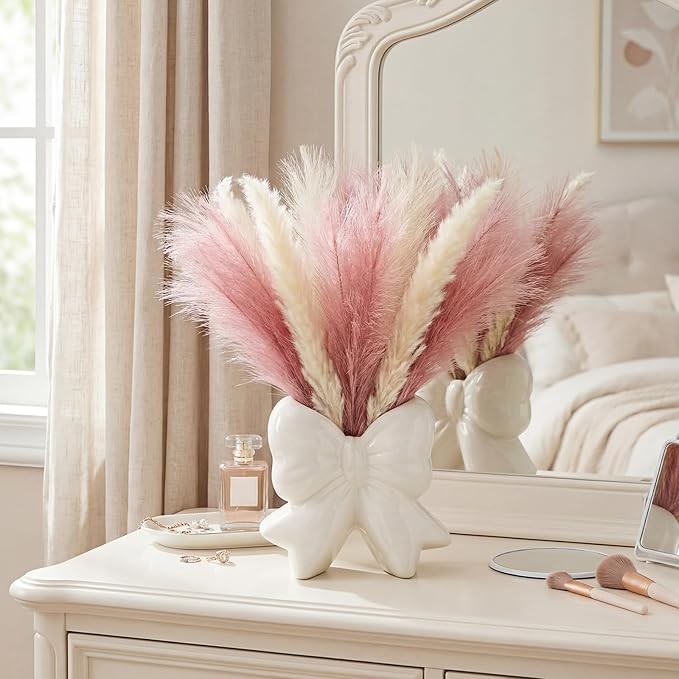 Jingmore Bow Vase Coquette Ceramic Vase Pen Holder Makeup Brush Holder Contemporary Design Decorative Women Gift for Christmas Home Office Shelf Table Room(White,Large,Classic)