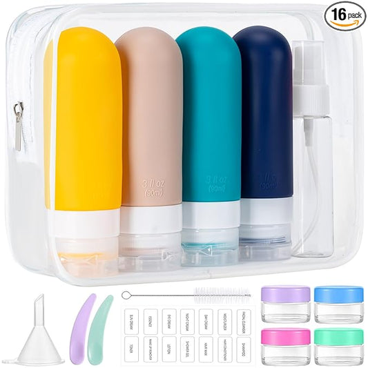 MODENGKONGJIAN 16 Pack Travel Bottles for Toiletries,TSA Approved Silicone Squeezable Travel Shampoo Bottles, 3oz Leak Proof Refillable Toiletry Cosmetic Containers (16PCS/Blue)