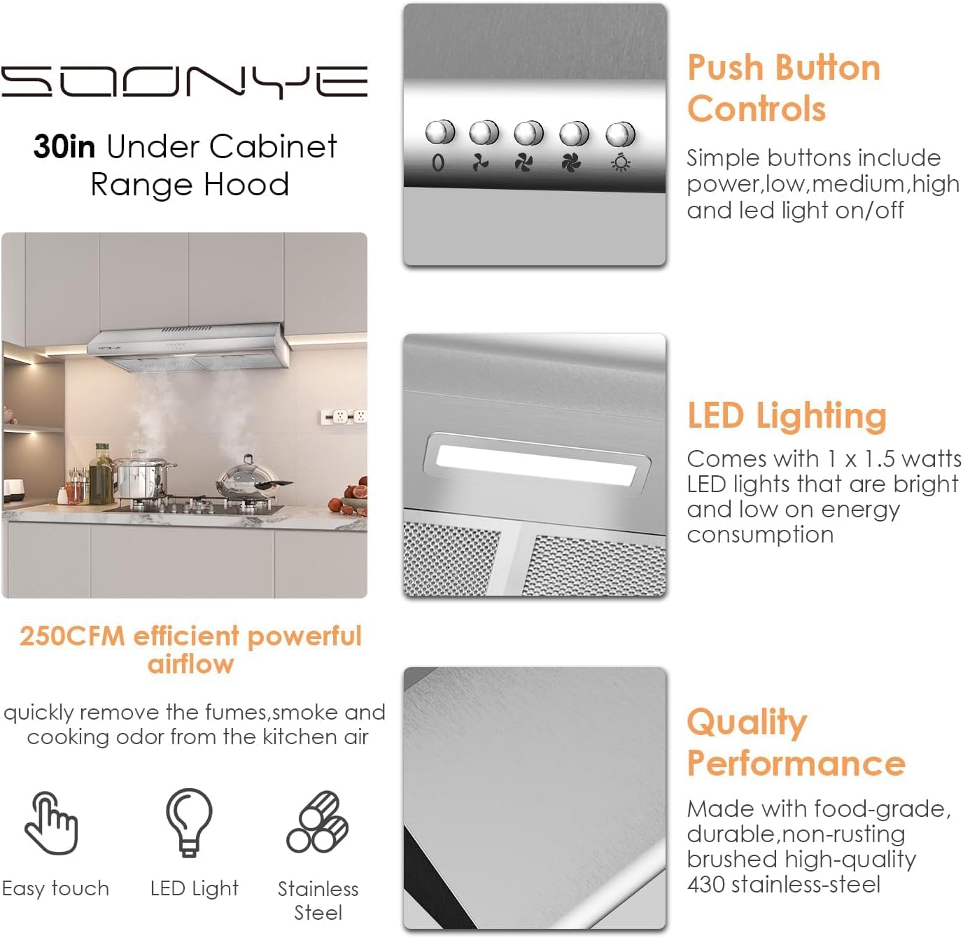 SOONYE 30 inch Stainless Steel Under Cabinet Range Hood, Slim Kitchen Vent Hood Ducted/Ductless Convertible with 3 Speed Controls, 5-Layer Aluminum Filters,LED Lights
