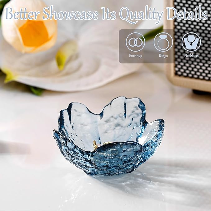 Blue Flower Glass Ring Dish Jewelry Tray Ring Holder Dish Cute Room Decor Vanity Organizer for Nightstand or Bathroom Aesthetic Trinket Dish Gift for Wife Mom Daughter