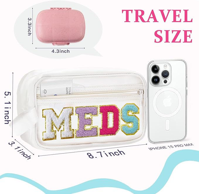 COSHAYSOO Clear MEDS Letter Patch Bag with Small Pill Case Organizer for Travel Purse Pouch, Cute Medicine Dispenser Mini Medication Box Vitamin Holder Women Teen Girls Preppy Christmas Gift (Pink)