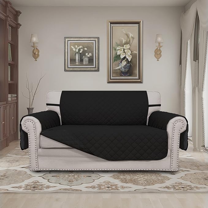 Easy-Going Reversible Loveseat Couch Cover for 2 Cushion Couch Sofa Cover for Dogs Water Resistant Furniture Protector with Foam Sticks Elastic Straps for Pet (Loveseat, Black/Black)