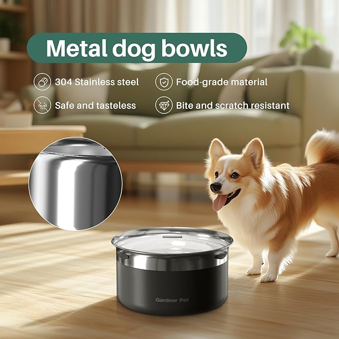 Gardner Pet Dog Bowls 1 Gallon (3.85L) Stainless Steel No Spill Water Bowl, Slow Water Feeder Metal Dog Bowls, Spill Proof Water Dispenser for Large Dogs, Promotes Healthy Hydration(Black)