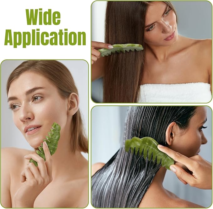 Geiserailie 2 Pcs Jade Combs Esthetician Supplies Massage Stone Hair Gua Sha Scraping Scalp Comb Facial Massage Tool Handheld Head Tools Head Caring Therapy Valentines for Women(Plain Style)