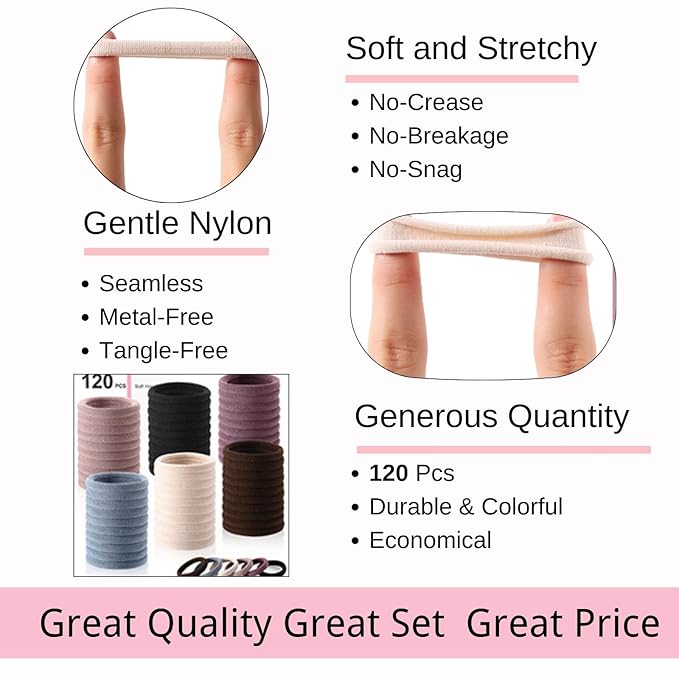LuSeren 120PCS Soft Hair Ties for Women Ã¢ÂÂ No Damage Ouchless Nylon Hair Accessories, Seamless Fabric Ponytail Holders for Daily Use (Natural Colors)