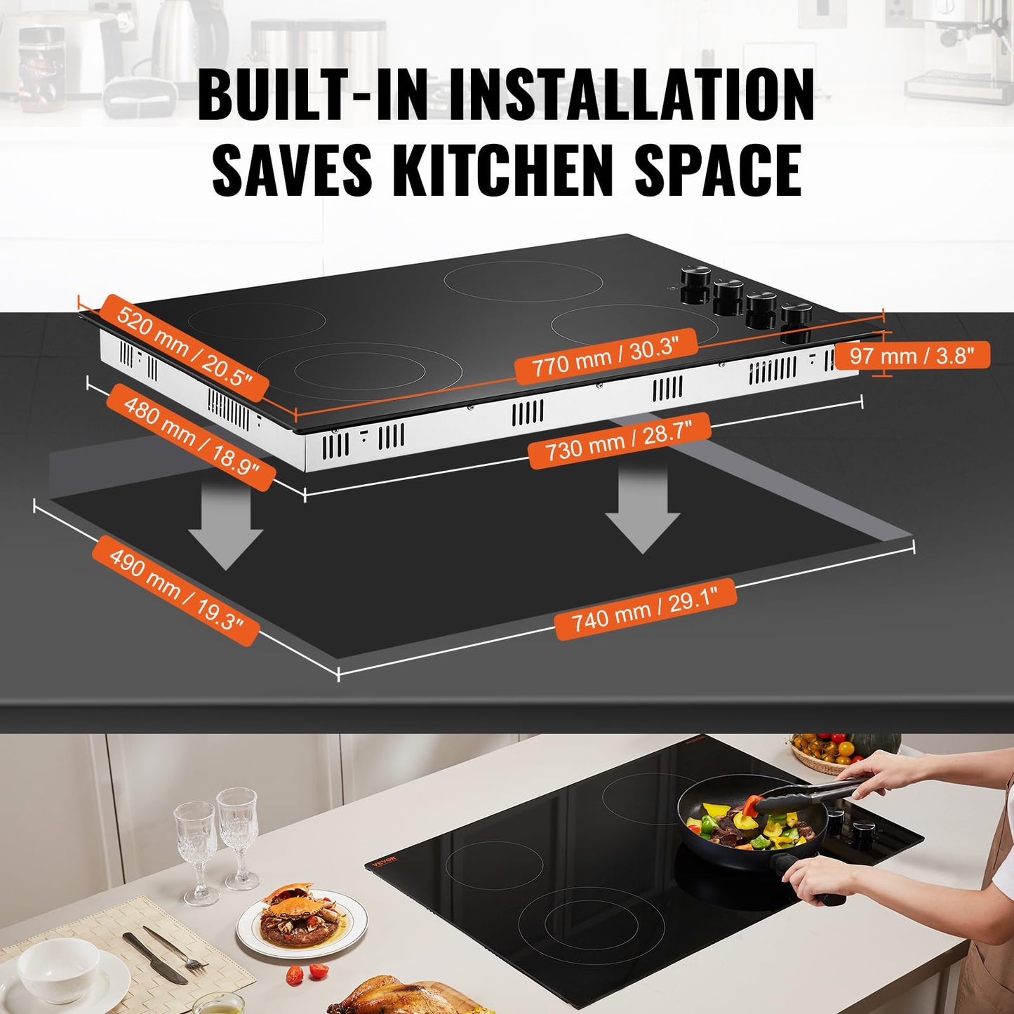 VEVOR Electric Ceramic Cooktop, Built-in Electric Stove Top, with Glass Panel, Knob Control, 11 Heat Levels, for Diverse Cooking Requirements (30inch-4burners/220V)