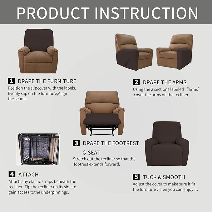 Easy-Going 4 Pieces Oversized Recliner Stretch Sofa Slipcover Sofa Cover Furniture Protector Couch Soft with Elastic Bottom Polyester Spandex Jacquard Fabric Small Checks Chocolate,X-Large