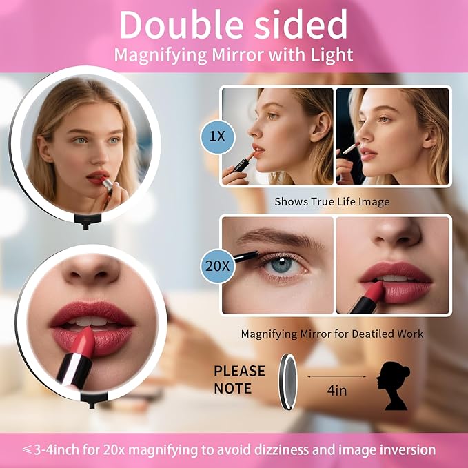 Magnifying Mirror with Light 20X/1X, Double Sided Travel Makeup Mirror with Lights and Magnification, Rechargeable 3 Colors Dimming Lighting, Large Size of 6inch, Foldable Design, 360°Angle Adjustable