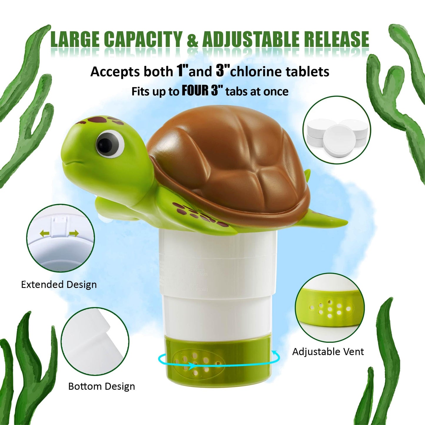 Chlorine Floater, Floating Pool Chlorine Dispenser, Fits 1 and 3 Inch Tablets & Bromine Holder for Large/Small Pools, Hot Tub, Spa - Sea Turtle