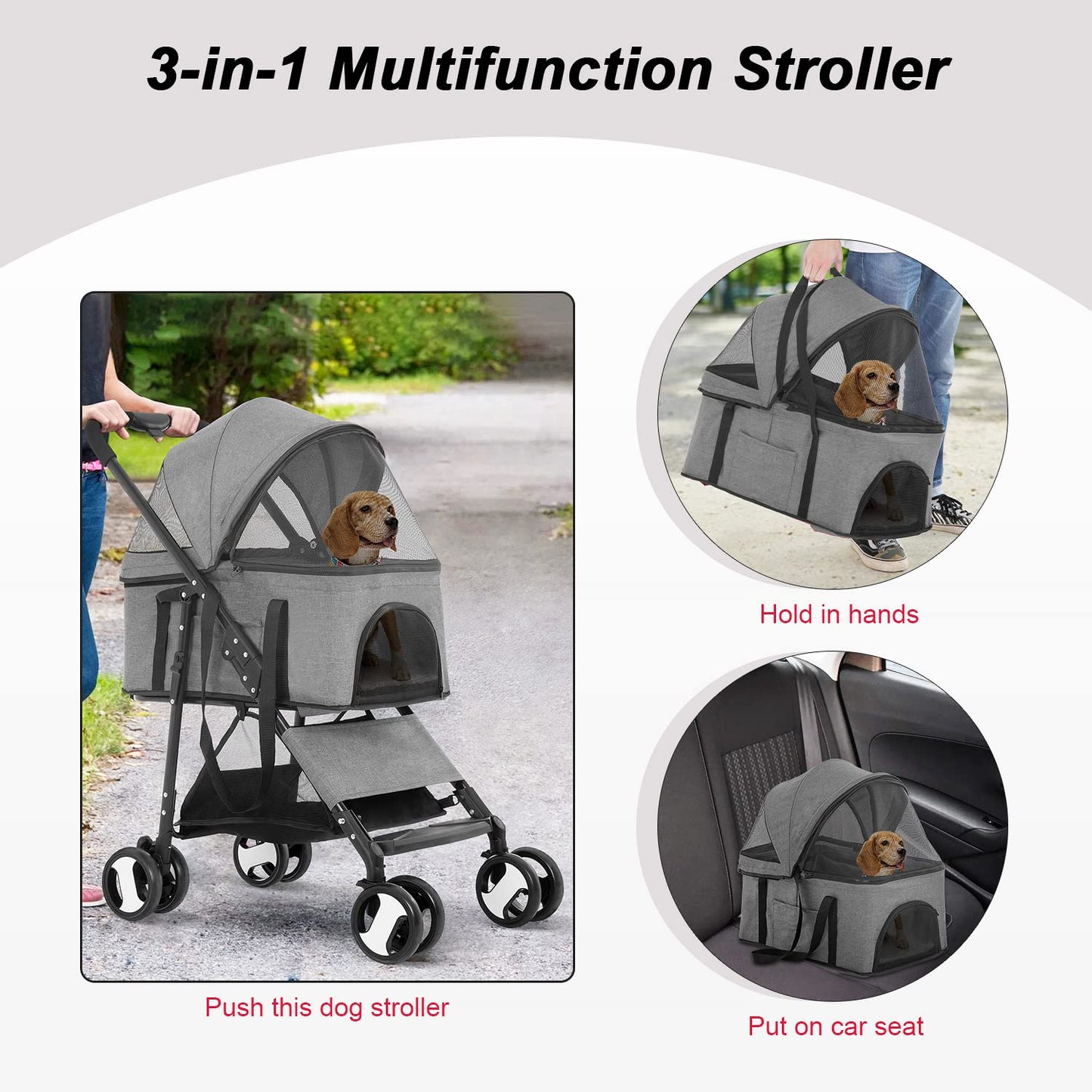 BestPet Pet Stroller Premium 3-in-1 Multifunction Dog Cat Jogger Stroller for Medium Small Dogs Cats with Folding Lightweight Travel & Detachable Carrier,Grey