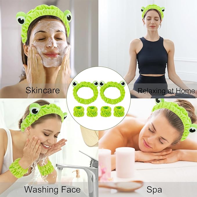 Skincare Headband Frog - 6pcs Set: 2 Green Frog Headbands for Skincare & 4 Wristbands for Washing Face - Non-Slip, Adjustable, Soft Microfiber, Warm Gift for Women, Girls