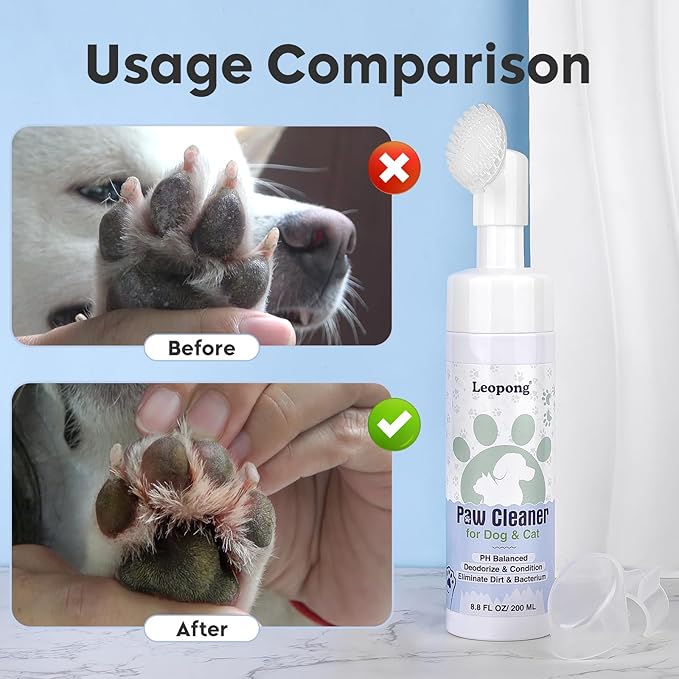 Dog Paw Cleaner & Cat Foot Wash - Gentle No-Rinse Foaming Mousse - PH Balanced Deodorizing Cleanser with Integrated Silicone Brush, 8.8 oz