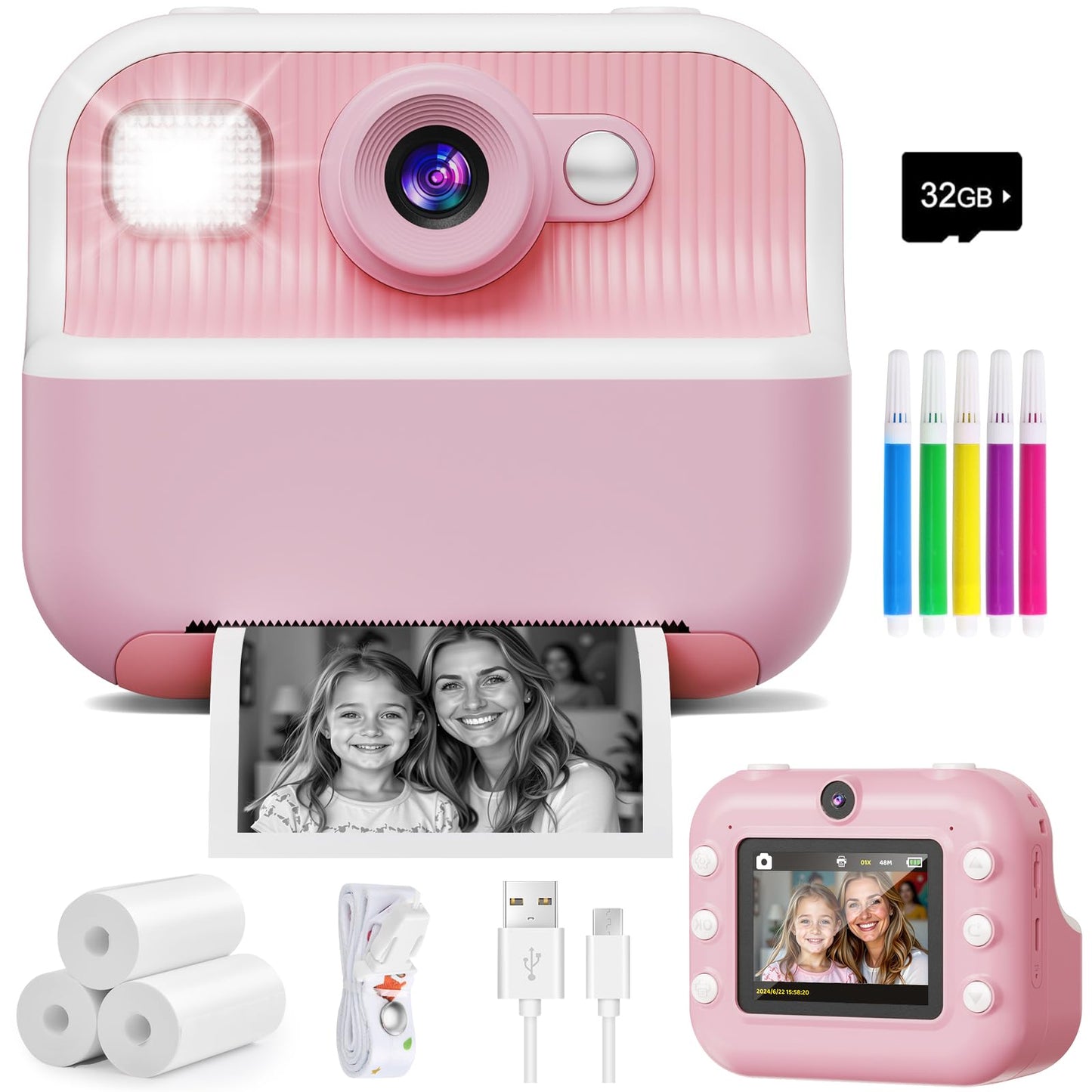 Instant Camera, Front Rear Dual Selfie Kids Camera with 1080P Videos, Holiday Birthday Gifts for Kids Age 3-12, Toddler Portable Travel Print Digital Camera Toy for 4 5 6 7 8 9 Year Boys Girls