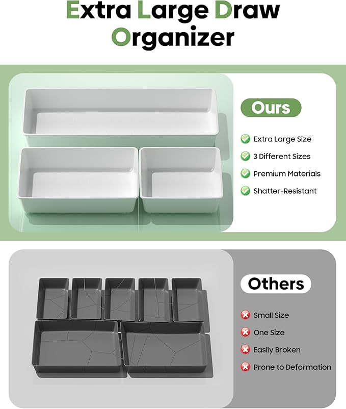 10 Pack Large Size Plastic Drawer Organizers Set, 3 Sizes Desk Drawer Organizer Trays, Storage Bins for Vanity, Makeup, Bathroom, Kitchen Utensils and Office (White)