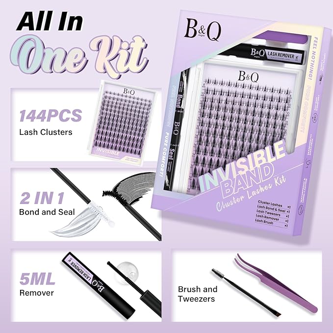 B&Q Fairy Lash Clusters Kit - DIY Lash Extension Kit at Home Beginner-Friendly Manga Lashes, 144pcs 8-18mm Wispy Clusters with 0.3mm Invisible Band & Waterproof, Salon Look for Daily Work & Parties