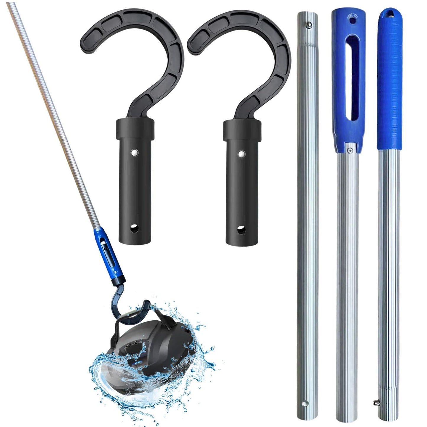 Hook for Robotic Pool Cleaner with Adjustable Aluminum Pool Pole, Accessories Hooks with 5.2 Feet Pole for All Pool Vacuum Robot Including Cordless,2PCS Hooks and 1 Pool Pole