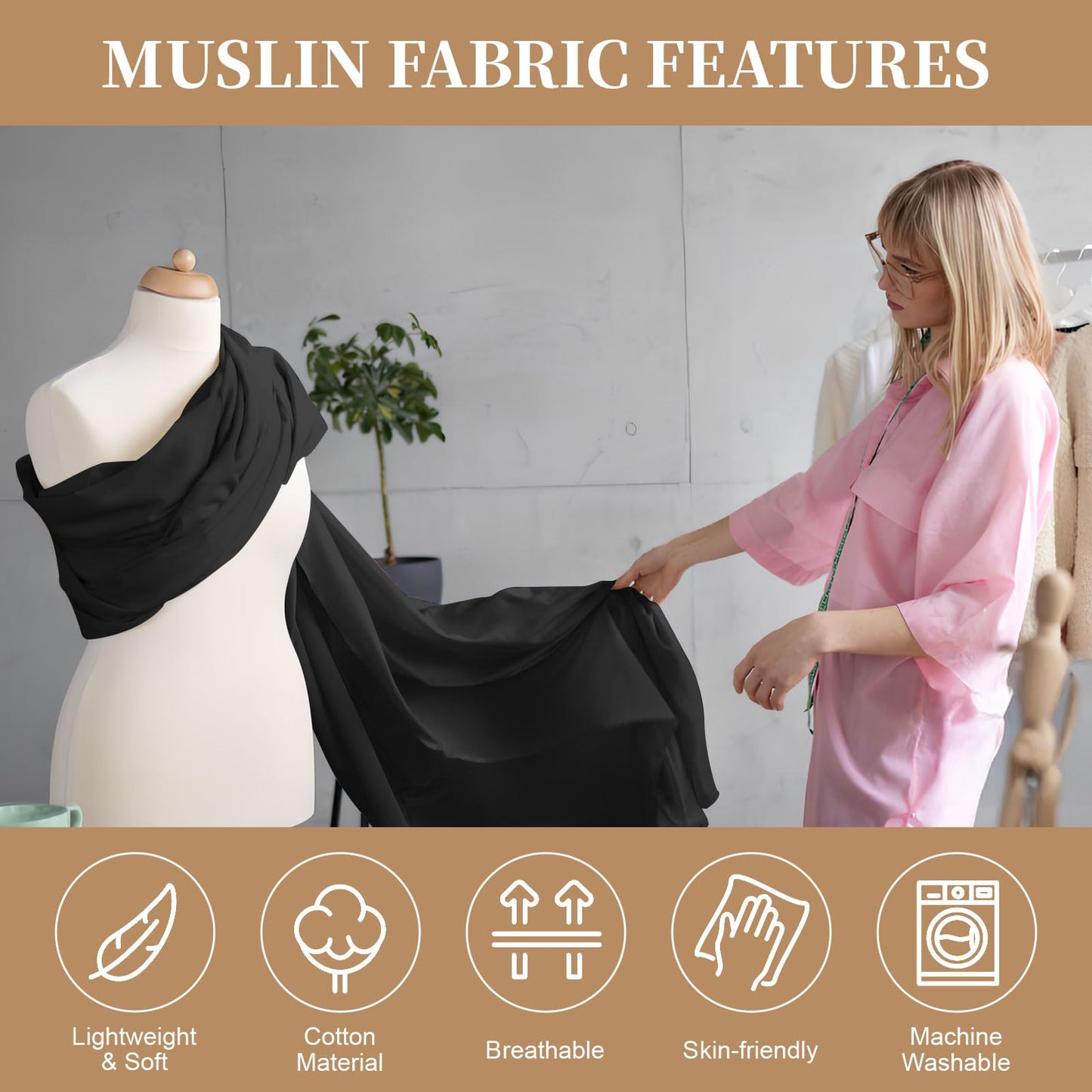 PEASUG 100% Cotton Muslin Fabric, 59 Inch X 5 Yards Muslin Linen Fabric by The Yard, Medium Weight Draping Fabrics Suitable for Sewing Embroidery, Garments, Crafts Material-Black