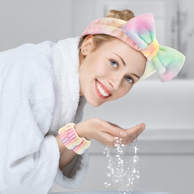 6PCS Spa Headband and Wristband Set for Face Washing, Soft Microfiber Skincare Hairband with Bow, Soft Absorbent Wrist Towels for Women Girls, For Makeup, Facial, Shower, Yoga