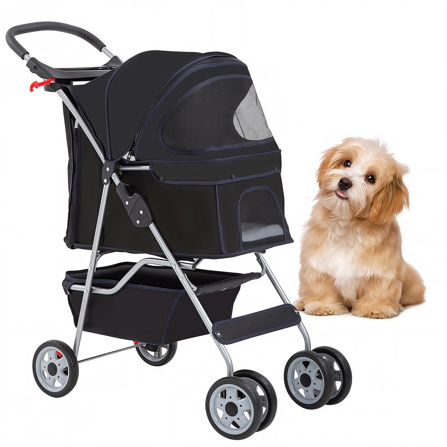 BestOffice Pet Stroller for Small Medium Dogs & Cats, 4-Wheel Foldable Dog Stroller with Cup Holder, Lightweight Travel Carrier, Waterproof Design for Outdoor Walks, Black