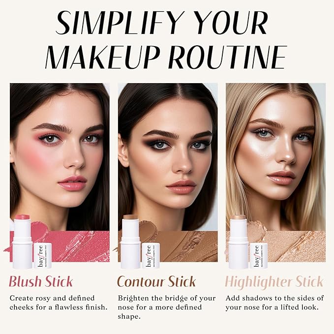 KIMUSE Face Sticks Trio, Cream Blush Stick & Highlighter Stick & Contour Stick for Sculpt the Cheeks, Long Lasting Cream Contour Stick Trio for Face Makeup, with Brush