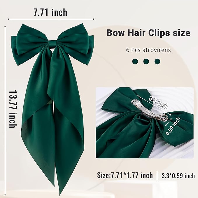 6Pcs Large Bows Hair Clips for Women Girls Long Tail Hair Ribbon Silky Satin Barrettes Coquette Bows Accessories (Atrovirens)