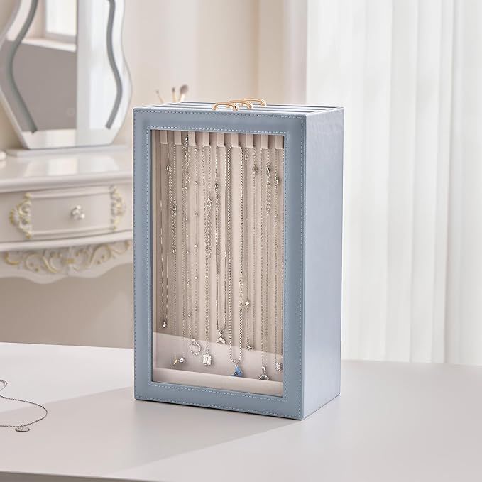 Lolalet Necklace Organizer Box, Jewelry Storage Box with Clear Window for Necklaces Bracelets, Tangle-Free Necklace Display Case for Women Girls -Dusty Blue, 3 Layers 30 Hooks