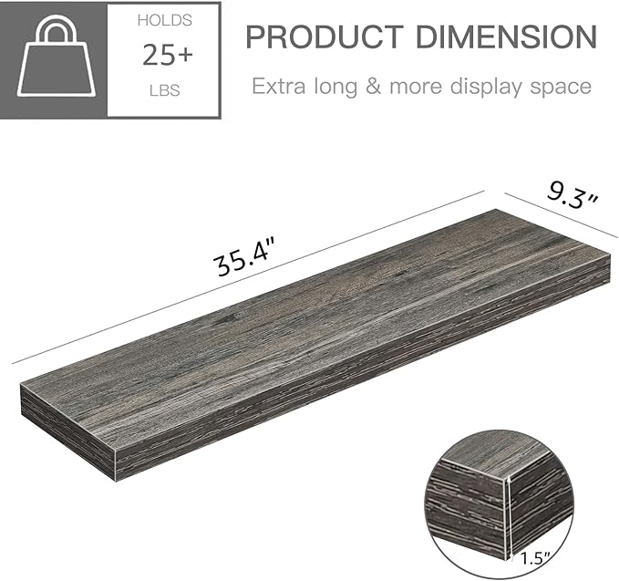 QEEIG Floating Shelves for Wall 35.4" Long - Wall Mounted Shelf Bathroom Kitchen Living Room Bedroom Farmhouse Home Decor Display Bookshelf Large 35.4 x 9.3 inch Set of 2, Grey (008-90GY)