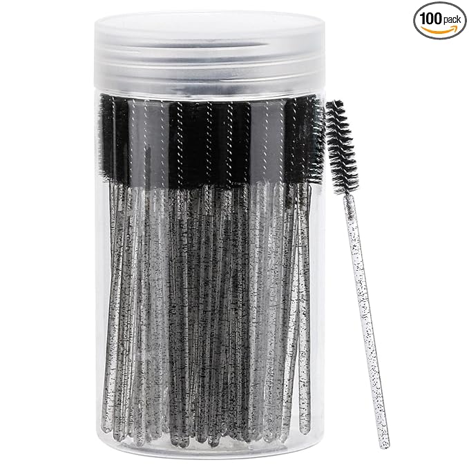100 Pcs Disposable Mascara Wands, Crystal Eyebrow Spoolies Brush for Eyelash Extensions, Black Lash Brushes with Container