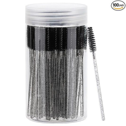 100 Pcs Disposable Mascara Wands, Crystal Eyebrow Spoolies Brush for Eyelash Extensions, Black Lash Brushes with Container