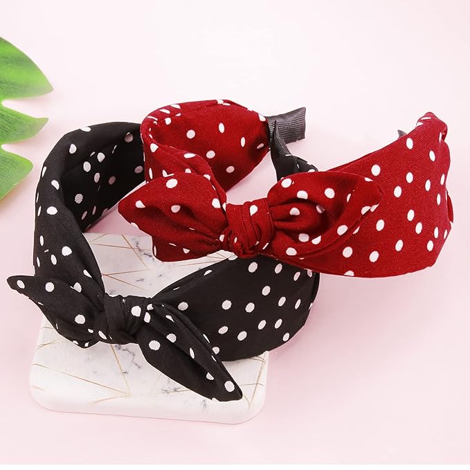 Jaciya Knotted Bow Headbands for Women Turban Wide Headband for Gilrs Knot Headband Polka Dot Headbands with Rabbit Ears