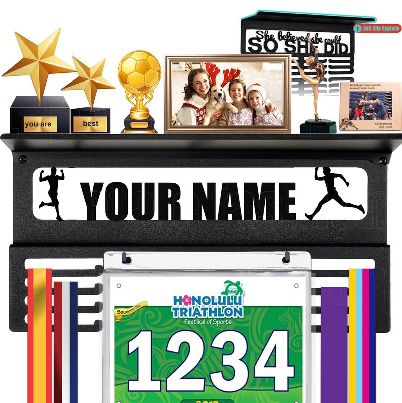 Lapetale Fashion Personalized Medal Holder with Name Display Rack for Awards Ribbons - Metal Custom Sports Race Plaques Hanger for Wall Mount Hold Up 60 Medal Hanger Display for Athlete Boy Girl Kid