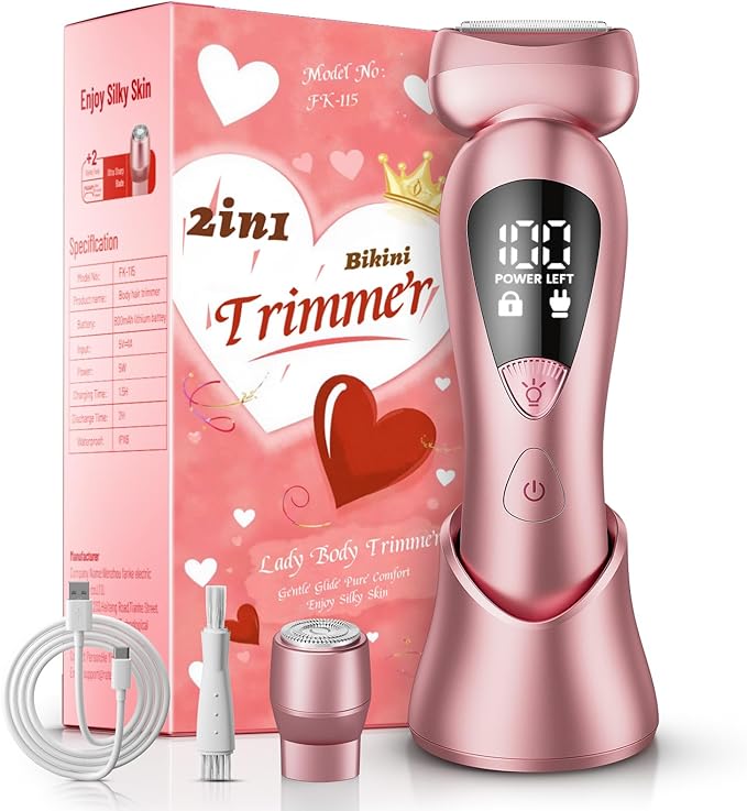 Cordless Electric Razors for Women: Rechargeable Painless Bikini Trimmer for Body Hair - IPX7 Waterproof Shaver with LED Display for Face/Underarm/Leg Soft Pink