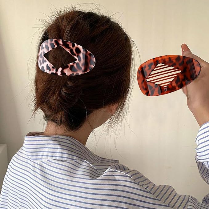 Large Flat Round Hair Clips Oval Claw Clips for Thick Medium Thin Hair 6Pcs Non Slip Strong Hold Barrettes Duckbill Accessories for Women Girls Leopard Tortoise Shell Color
